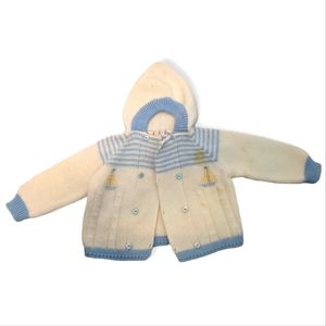 Vintage 90s Knit Blue & White Acrylic Baby Sweater, Sz 3-6 months